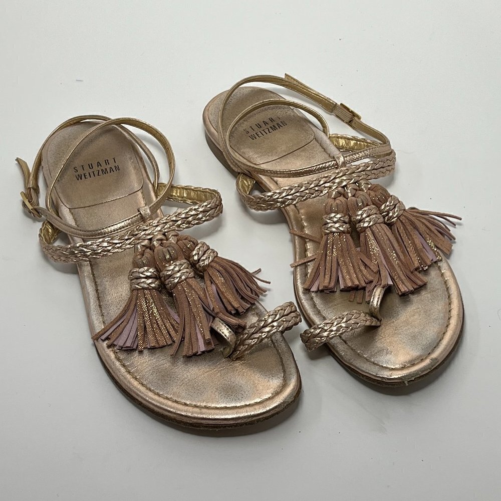 Stuart Weitzman flat gladiator sandals rose gold tassels 6M women